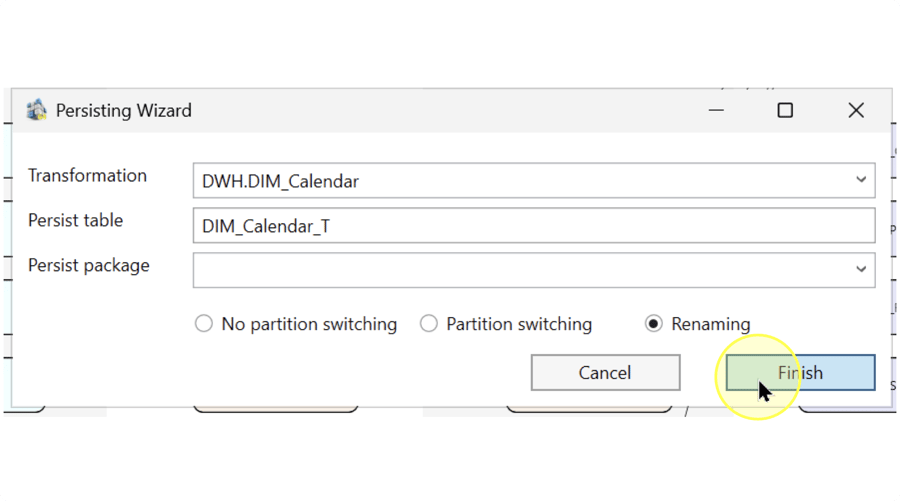 Finish button highlighted in Persisting Wizard, with Renaming selected and Persist package still empty.