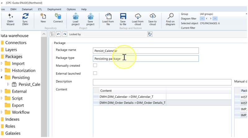 Package editor showing Package name, Package type set to Persisting package, and existing source-to-destination Content rows.