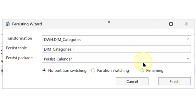 Persisting Wizard showing the source, destination, package, and three alternative strategy choices, with No partition switching selected.