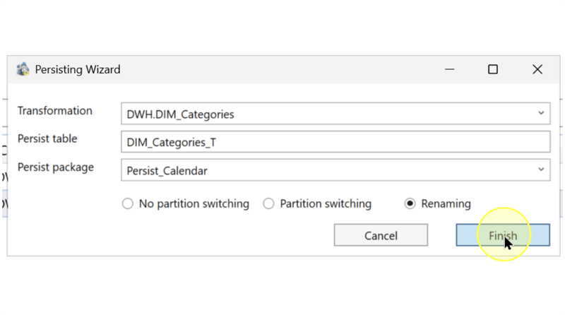 Persisting Wizard with Renaming selected and the Finish button highlighted.