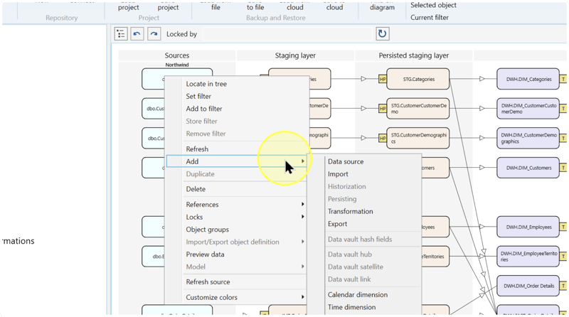 Object context menu with Add expanded and Export visible in its submenu.