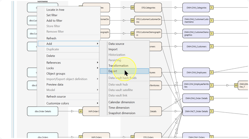 Export highlighted in the Add submenu of an object's context menu.