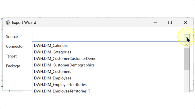 Export Wizard with the Source list expanded to show schema-qualified object names.
