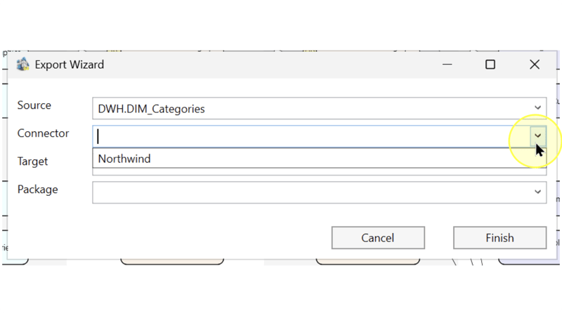 Connector list expanded with Northwind available and DWH.DIM_Categories selected as Source.