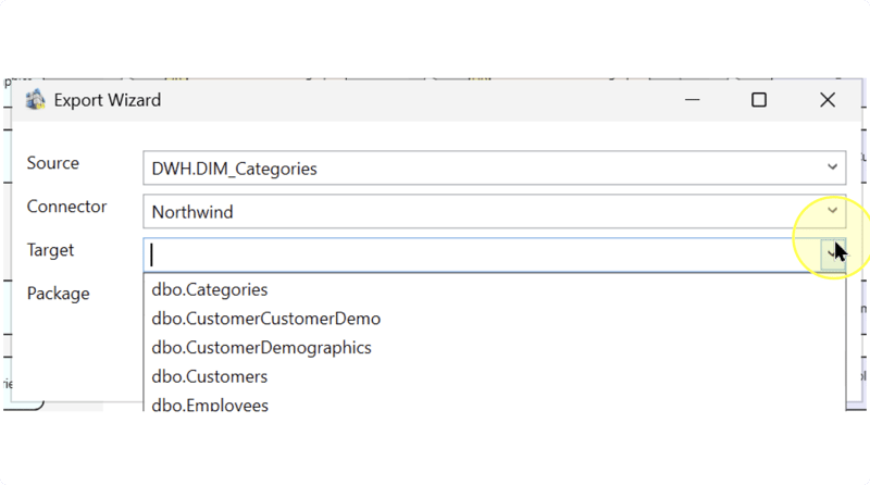 Target list expanded with dbo.Categories and other destination objects under the Northwind Connector.