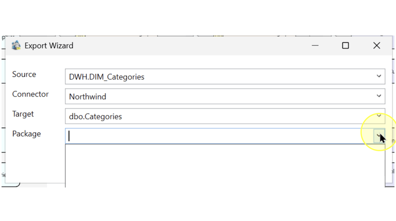 Export Wizard with Source, Connector, and Target populated and an empty Package list expanded.