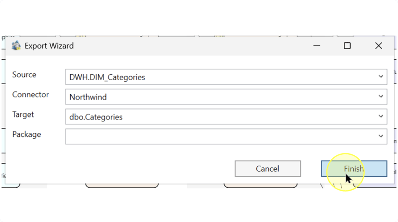 Finish button highlighted in Export Wizard while the Package field remains blank.