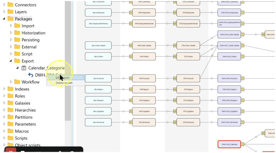 Export item's context menu with Edit export highlighted.