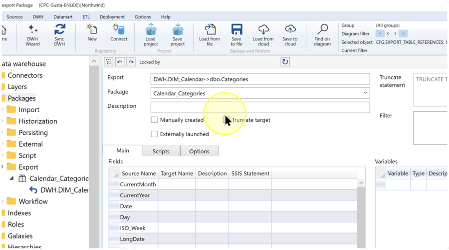 Main tab showing the example DWH.DIM_Calendar to dbo.Categories relationship, unmapped target fields, and Truncate target highlighted.