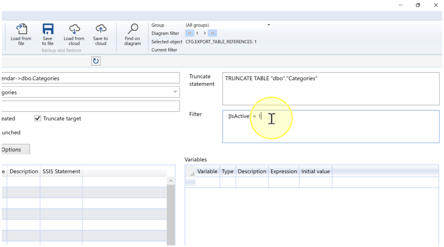Filter containing [IsActive] = 1, with Truncate target selected and a truncate statement for dbo.Categories above it.