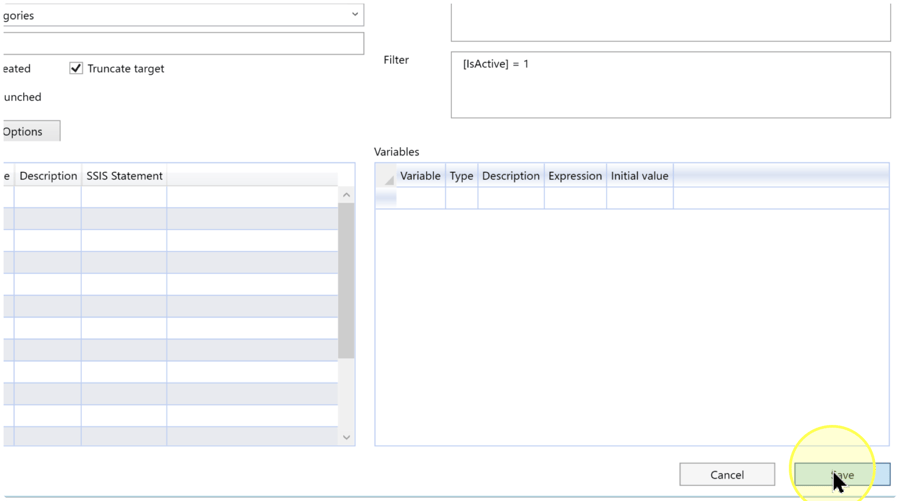 Bottom of the export editor with Save highlighted beside Cancel; the example filter remains visible above the empty Variables grid.