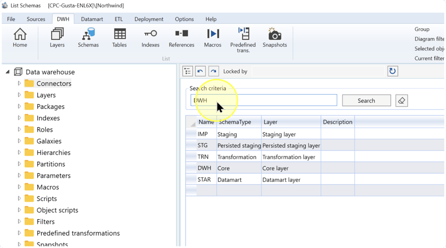 Search criteria contains DWH; the Search button and five example schema rows are visible.