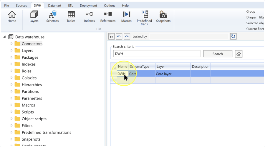 Filtered Schemas list with the DWH row selected, SchemaType Core, Layer Core layer, and a blank Description.