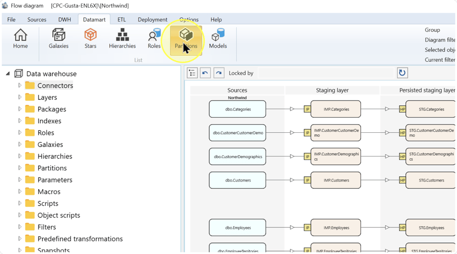 Datamart ribbon with the Partitions button highlighted.
