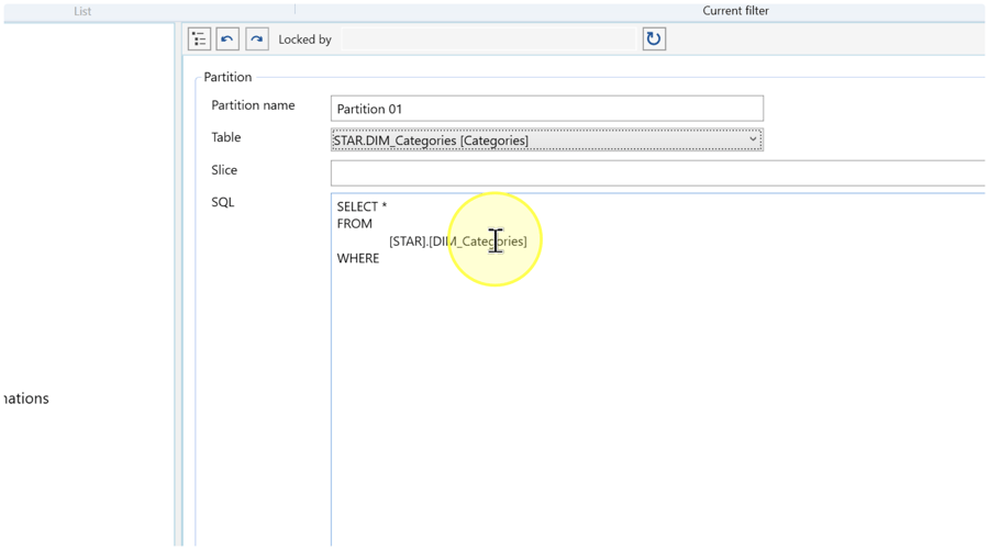 Partition editor showing Partition name, Table, a blank Slice field, and SQL ending with an incomplete WHERE clause.