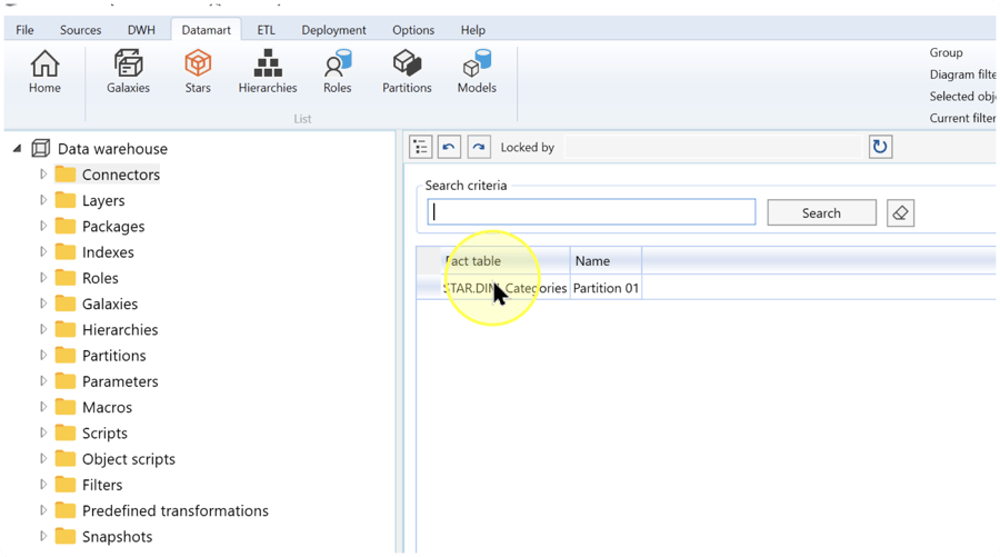 Partition list with Search criteria, Search, and the Fact table and Name columns.