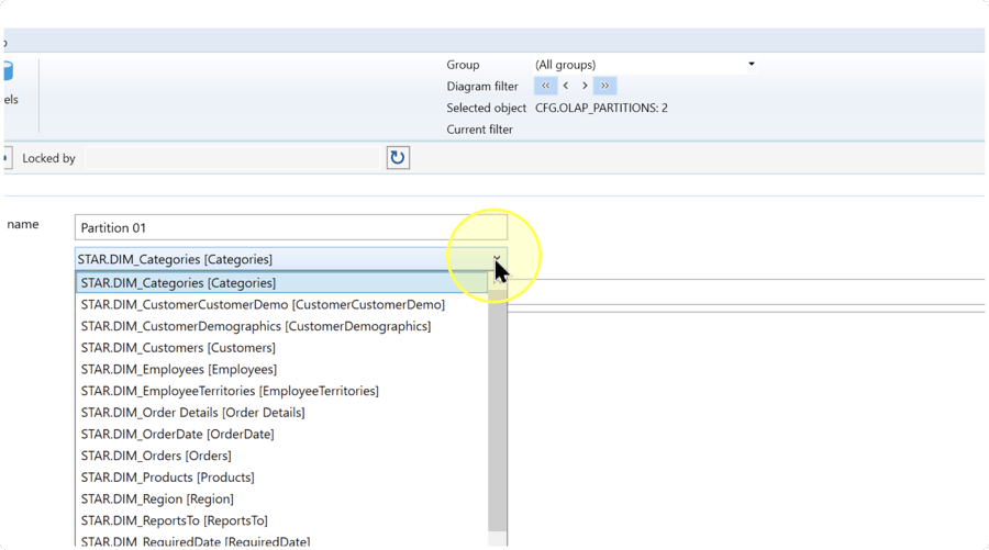 Table list expanded with STAR.DIM_Categories selected beneath the example partition name.