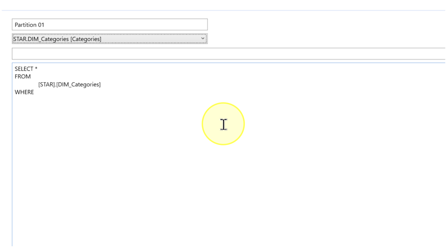 Example query selecting from STAR.DIM_Categories and ending at WHERE without a condition; the field above it is blank.