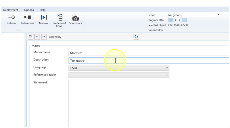 Macro editor with Macro name set to Macro 01 and Description set to Test macro; Statement is blank.
