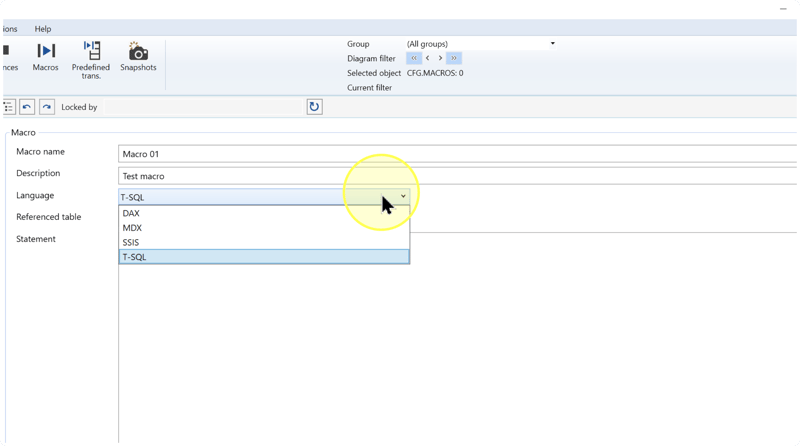 Open Language list showing DAX, MDX, SSIS, and highlighted T-SQL.