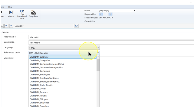 Referenced table list open with DWH.DIM_Calendar selected among schema-qualified table names.