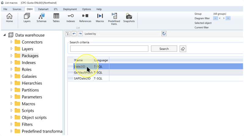 Macros list with Search criteria, Search, and the selected Date2ID row showing T-SQL in the Language column.