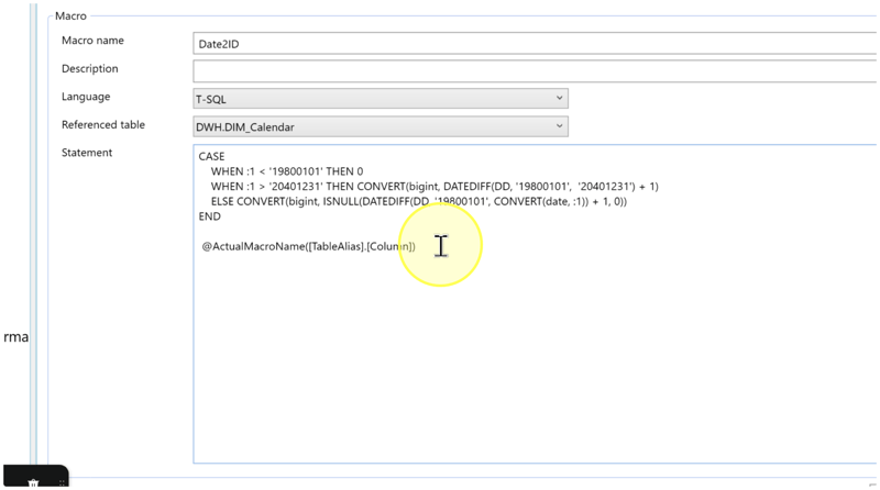 Macro editor showing Date2ID, T-SQL, Referenced table, and a Statement with illustrative @ActualMacroName call text below CASE.