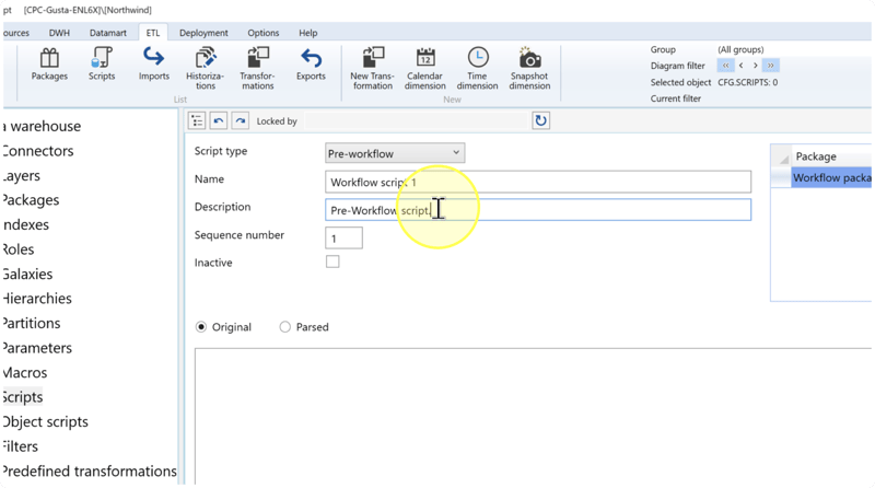 Name and Description fields in the lifecycle script editor.