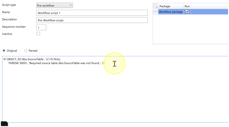Original selected and a table-existence check entered in the SQL statement area.