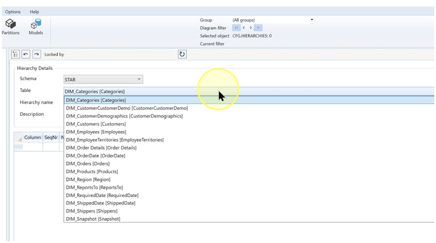 Table list open in Hierarchy Details with DIM_Categories [Categories] selected among the example tables.