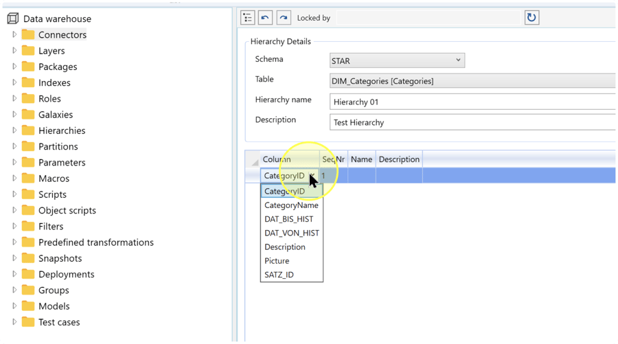 Column list open for a hierarchy level, showing CategoryID and other available columns beside SeqNr, Name, and Description.