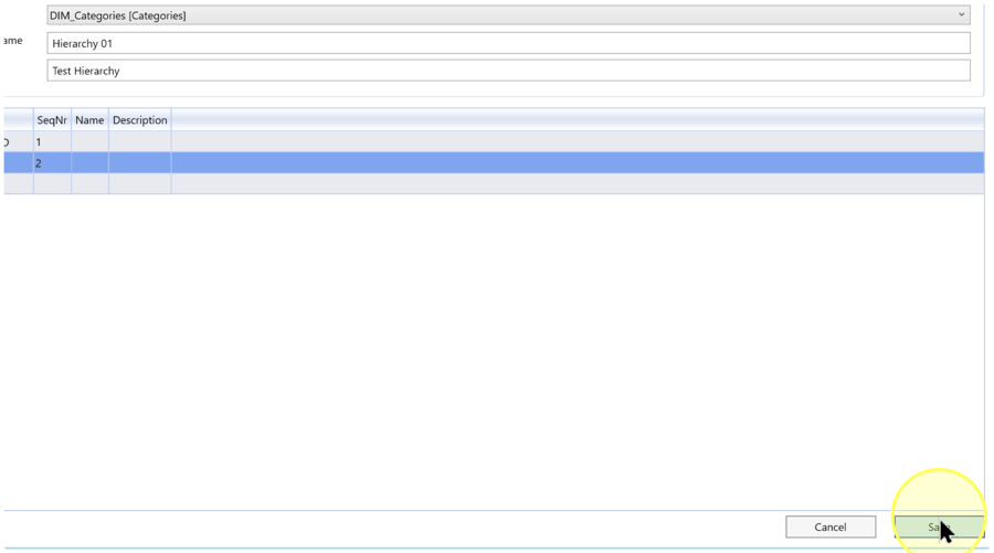 Save button highlighted at the bottom right of the hierarchy editor, below rows with sequence numbers and blank level names.