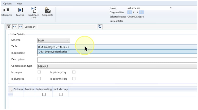 Table list open with DIM_EmployeeTerritories_T as the example selection.
