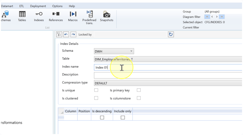 Index name field containing the example Index 01, with Description still blank.