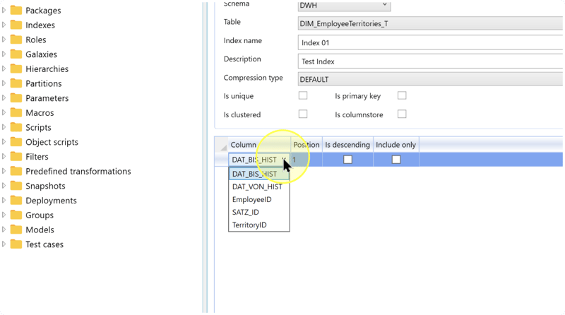 Index column grid with the Column list open and Position, Is descending, and Include only visible.