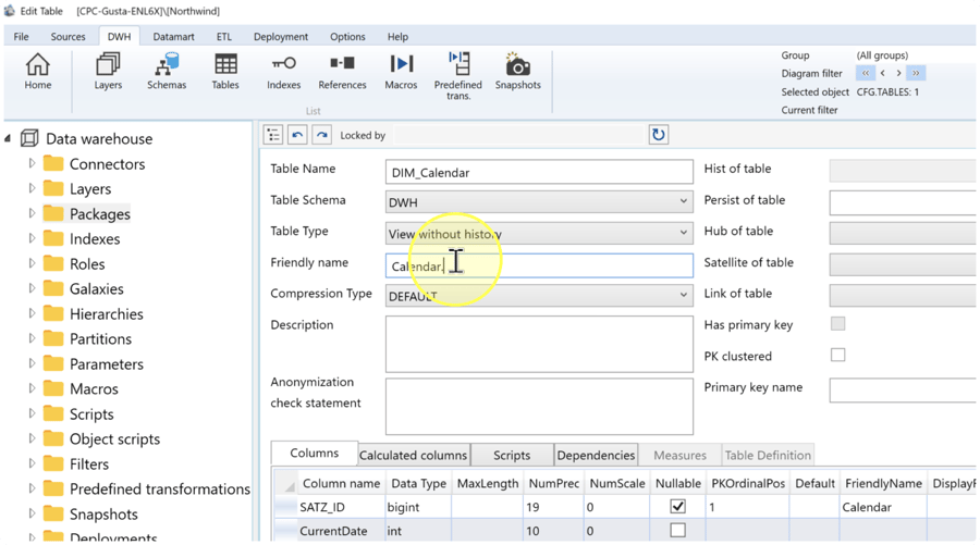Edit Table for DIM_Calendar with Table Type set to View without history and the Friendly name field active.