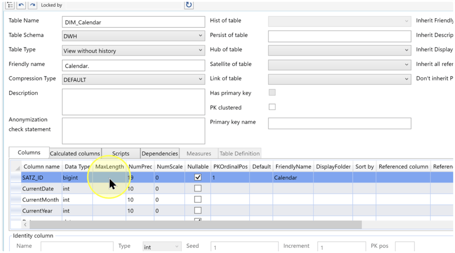 Columns tab showing Column name, Data Type, MaxLength, NumPrec, NumScale, Nullable, PKOrdinalPos, Default, and FriendlyName.
