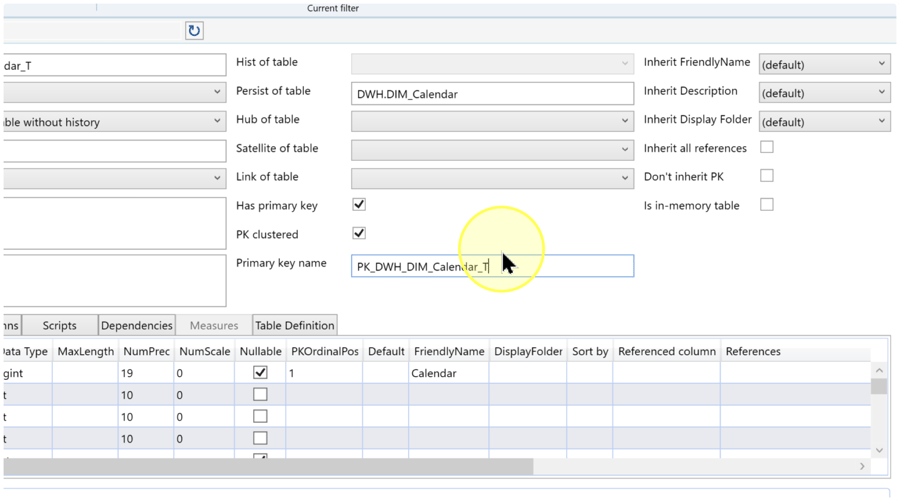 Physical primary-key settings for the persisted calendar table, with the constraint name field active.