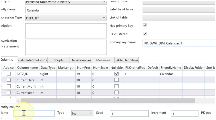 Identity column area below the Columns grid, showing an empty Name field, Type, Seed, Increment, and the PK pos label.
