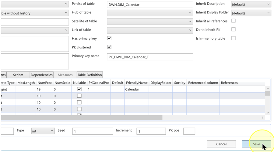 Save button highlighted at the bottom right of Edit Table.