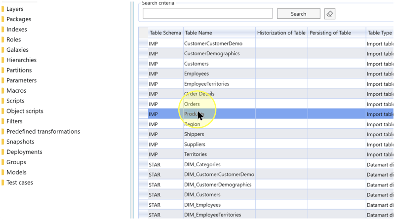Tables list with Table Schema, Table Name, and Table Type columns; the example Products row is selected.