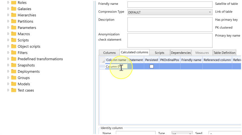Calculated-column row with Column 01 being entered, an empty Statement cell, and Persisted clear.