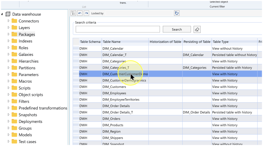 Table list with Search criteria above the grid and the example DIM_CustomerCustomerDemo row selected in schema DWH.