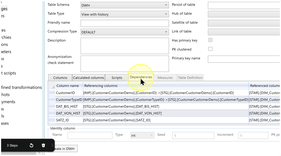 Dependencies tab highlighted in the table editor, with Column name and Referencing columns visible below it.