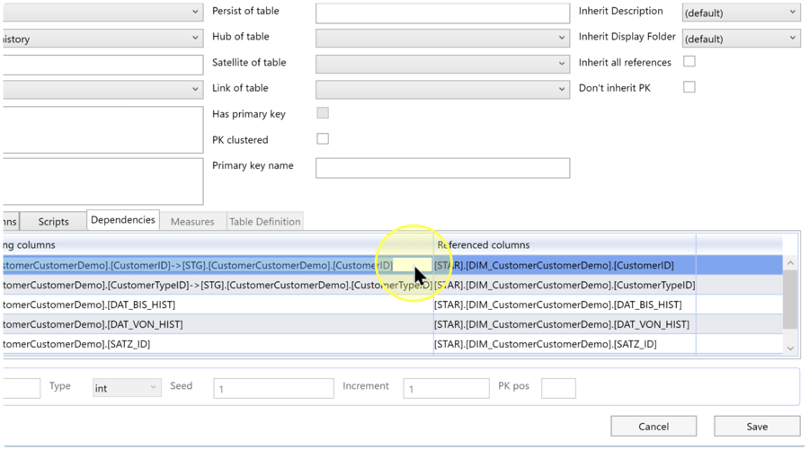 Selected CustomerID dependency row with an input chain ending in schema STG and a dependent output in schema STAR.
