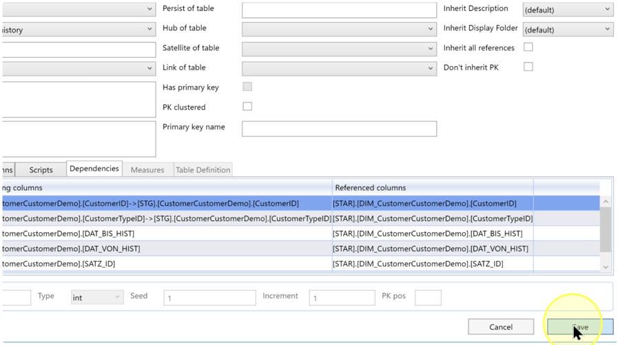 Cancel and Save buttons below the dependency list, with Save highlighted for the separate case of saving intentional edits.