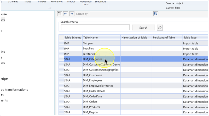 Tables list showing Table Schema, Table Name, and Table Type, with the example DIM_Categories row selected.
