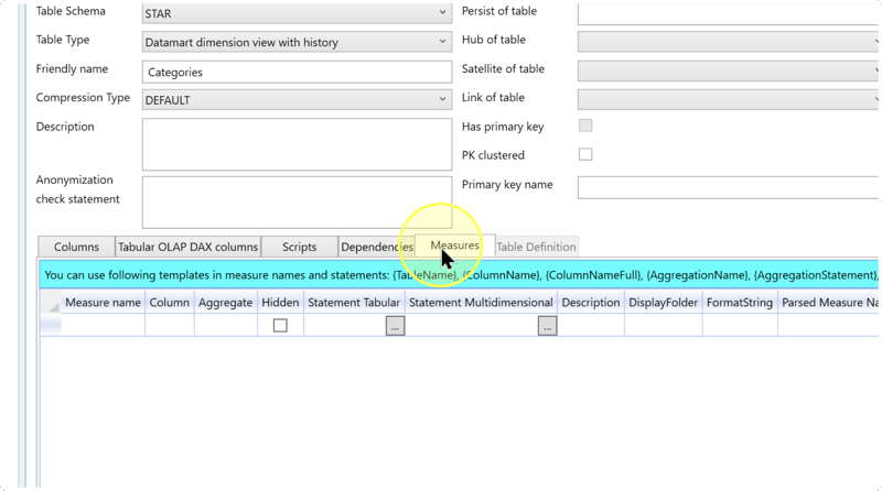 Table definition with the Measures tab highlighted and an empty measure row below it.