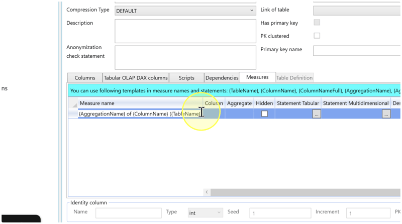 Measure name cell being edited with the example template using AggregationName, ColumnName, and TableName placeholders.