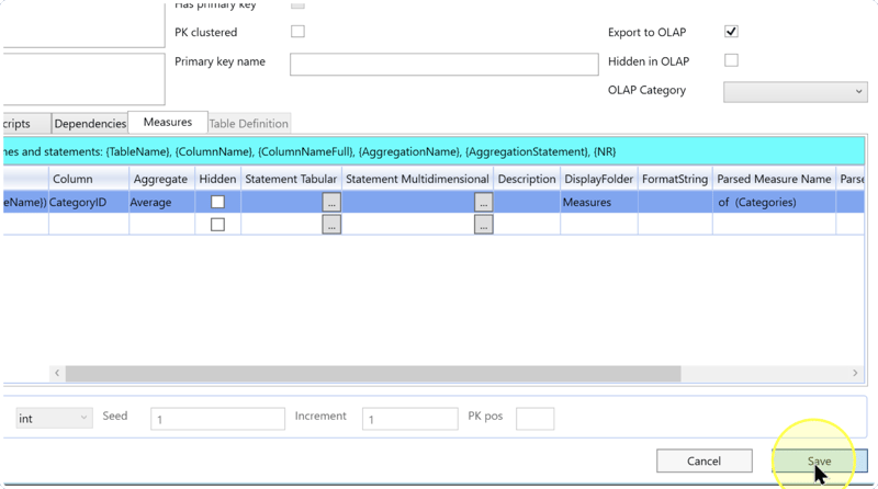 Save button highlighted below an example measure row with CategoryID, Average, DisplayFolder Measures, and an incomplete parsed name.